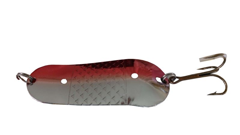Spoon Spinner Bait - Silver and red dimples - Treble Hook