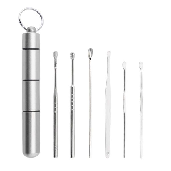 Set Of 6 Portable Stainless Steel Earwax Removal Pick Cleaners - Silver
