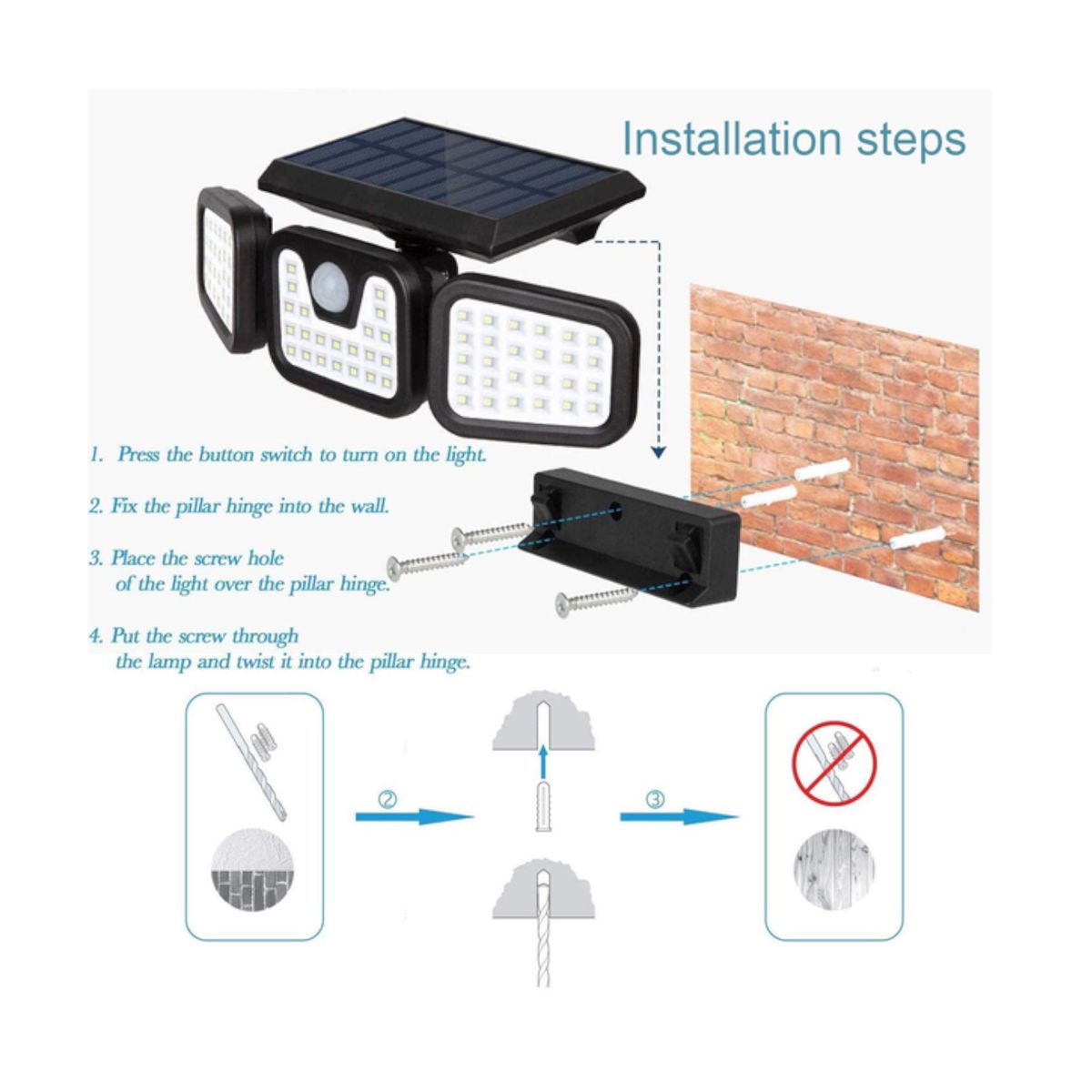 2x Solar Security Flood Light 3 Adjustable Heads With Mini COB LED