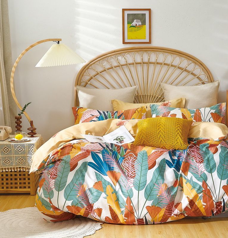 Linen Boutique Duvet Cover 200 TC 4 Piece Set Leaves OrangeGreen