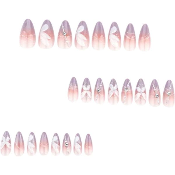 Almond Press on Ombre Purple Fake Nails with Flower Butterfly Design