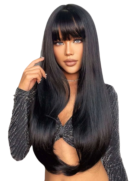 Black Long Straight Synthetic Wig With Fringe