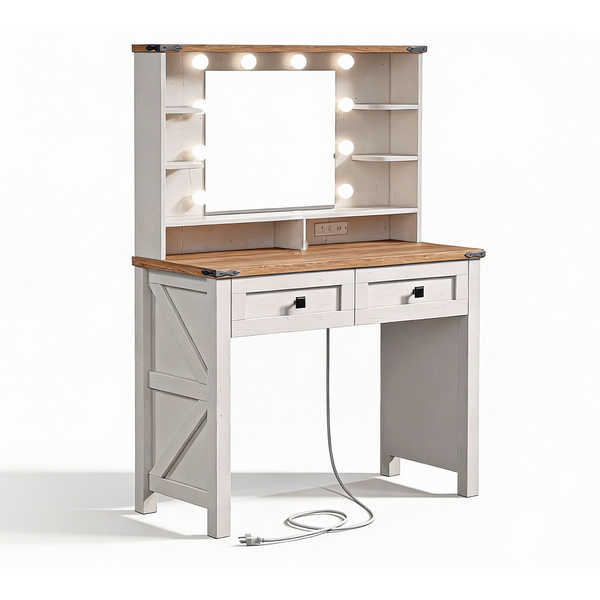 Furnny 31.5" Farmhouse Vanity Desk with Mirror &amp; Lights, 2 Drawers