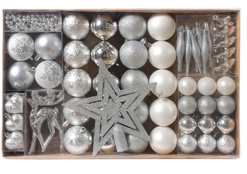 A&amp;K - Christmas Set of 60 Silver &amp; White Bauble Pack