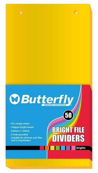 Butterfly File Divider 120mm X 230mm Bright Board - Pack Of 50 Yellow