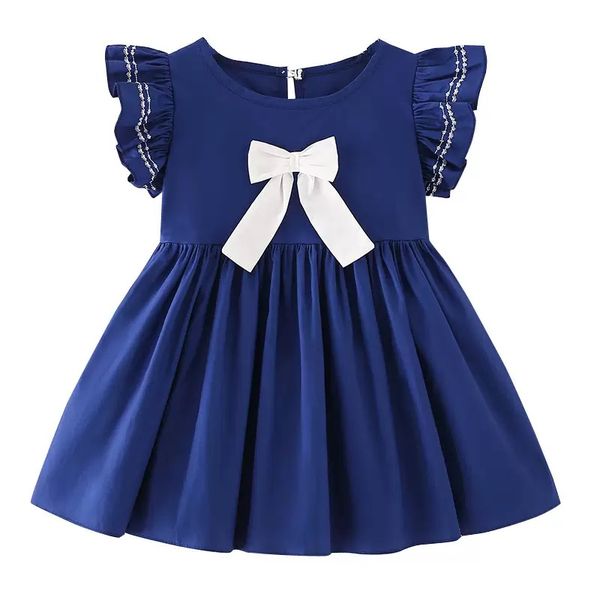 Girls Blue-White Cotton Knee Dress