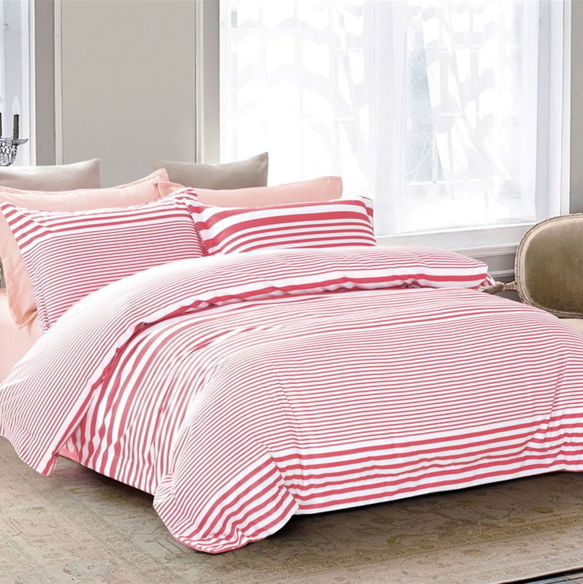 Linen Boutique Duvet Cover Set Reversible Stripes LightSalmonRed