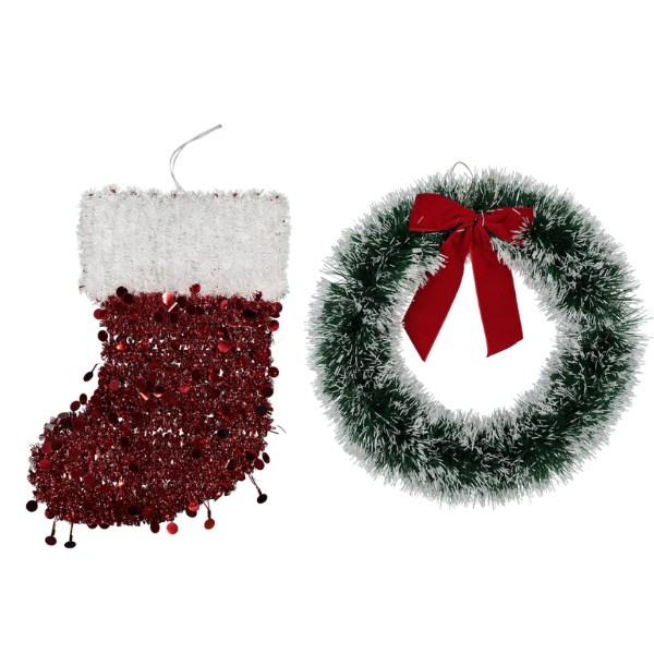 Christmas Wreath + Red Glitter Stocking Set (2-Pack)