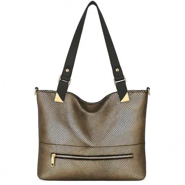 Women's Metallic Gold Shoulder Bag with Black Straps - Elegant PU Handbag