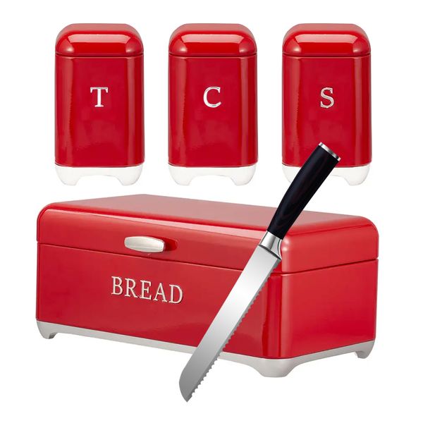 Retro Design Bread Bin with Matching Canister Set including Knife - 5Pcs