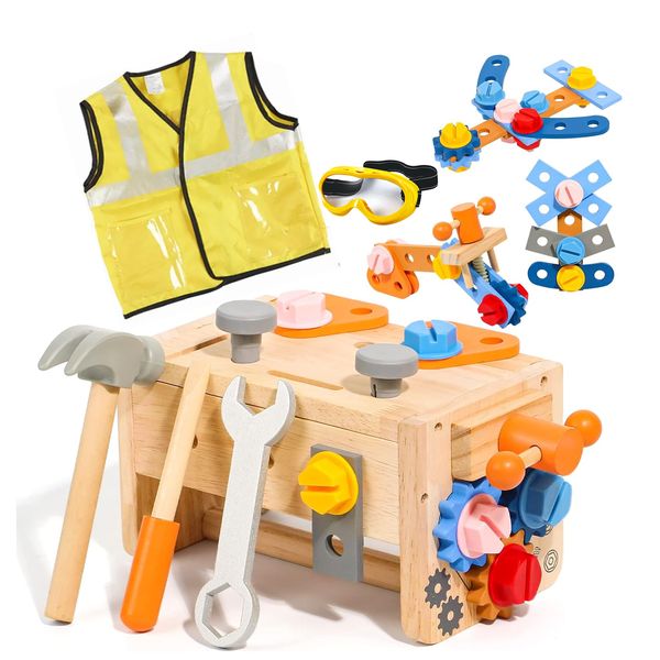 Wooden Kids Tool Set Pretend Play w/ Apron &amp; Goggles Toddler Tool Bench Toy