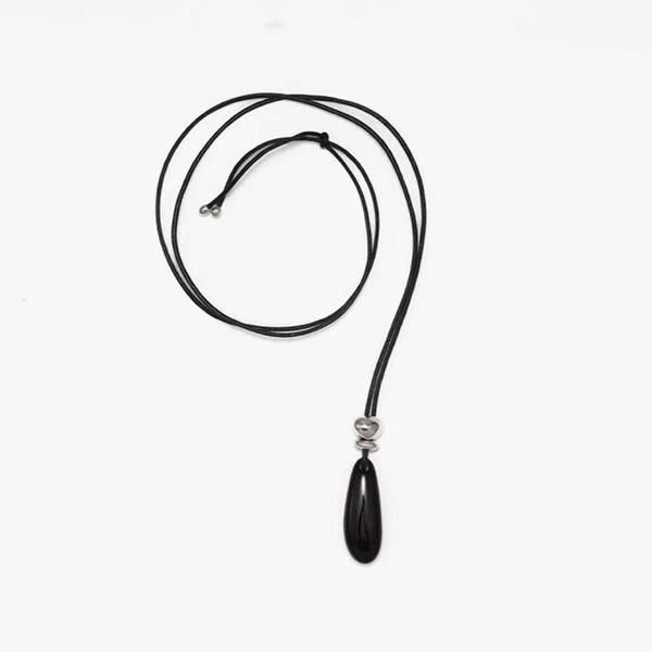 Natural Black Agate Leather Cord Necklace Design Women's Sweater Chain