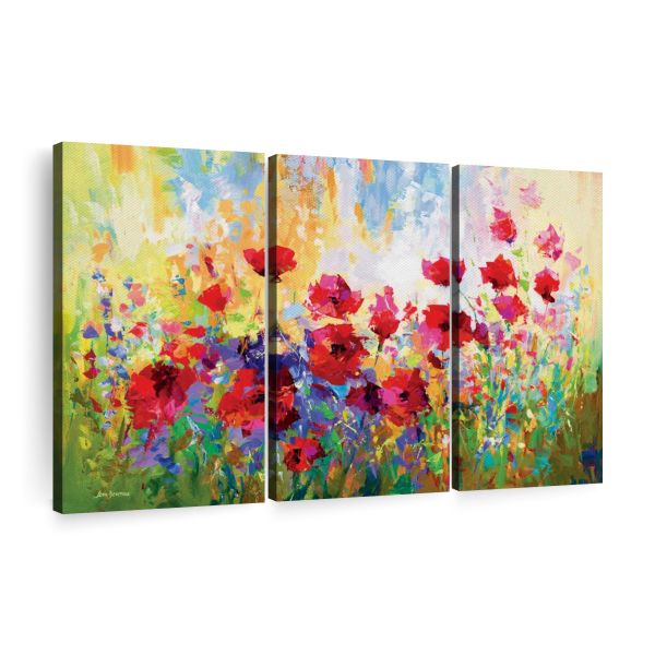Canvas Wall Art Decor: 3-Piece Poppy Flower Field Canvas Print