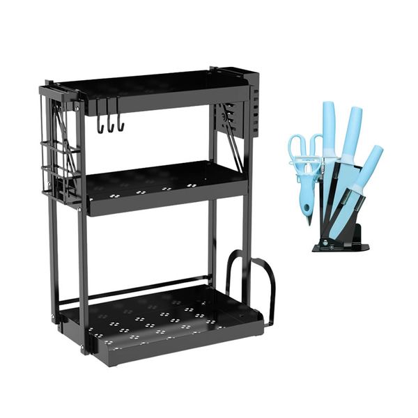 6 Pieces Stainless Steel Knife And 3 Tier Foldable Spice Storage Rack