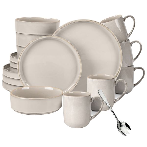 17 Piece Combo Set - Stoneware Reactive Glazed Plates and Bowls, Mugs Set