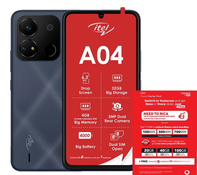 Itel A04 32GB Dual Sim - Sandstone Black(NL) + Vodacom Sim Card Pack