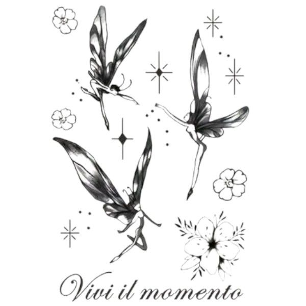 1 Piece - Whimsical Floral Fairy And Star Temporary Tattoo - Black