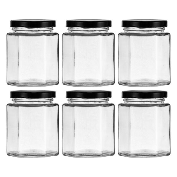Regent 200ml Glass Hexagonal Jar with Black Lid 6 Pack (85x65x65mm)