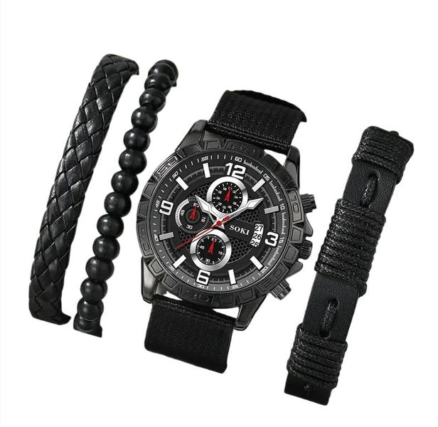 Men's New Watch Set: Quartz Watch + Versatile Beaded Braided Bracelet