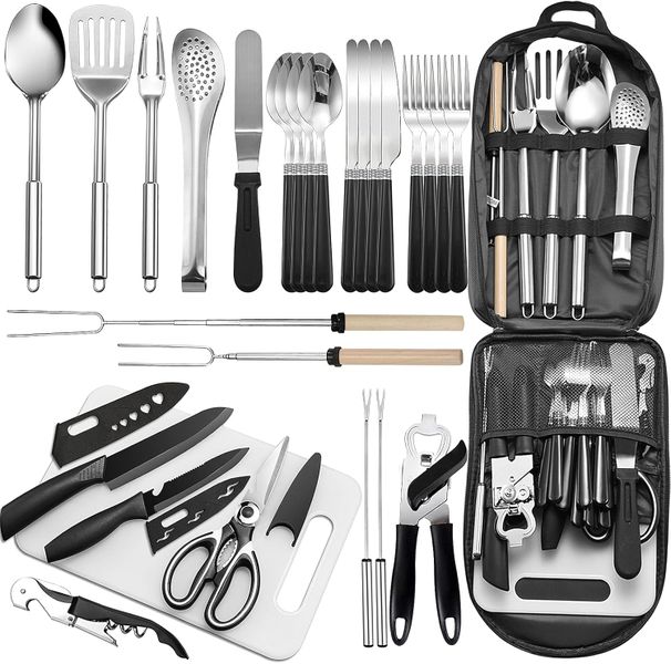thl 27-Piece Portable Camping Utensil Set Organizer for BBQ, RV &amp; Travel