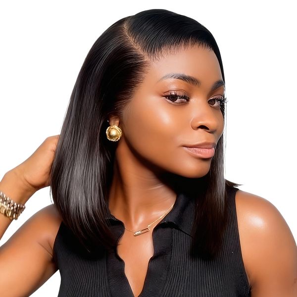Black In 12Inch Brazilian Hair Glueless Full Frontal Straight Bob Short Wig