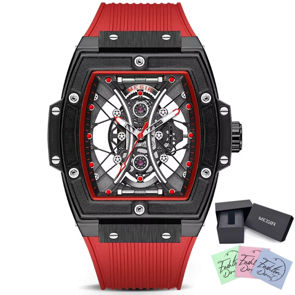 Megir - Men Luxury Silicone Strap Hollow Tonneau Watch - Red Black