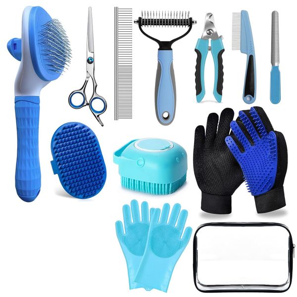 Pet Grooming Kit with Shedding Brush, Bath Brush, Nail Clipper &amp; File