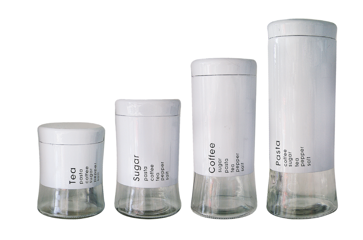 4 Piece Decadent Glass Jar Canisters Coffee, Sugar, Tea and Pasta
