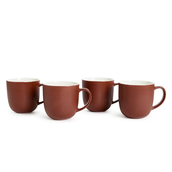 George &amp; Mason Ceramic Ribbed Mugs -4 Piece - 400ml - Burgundy Brown