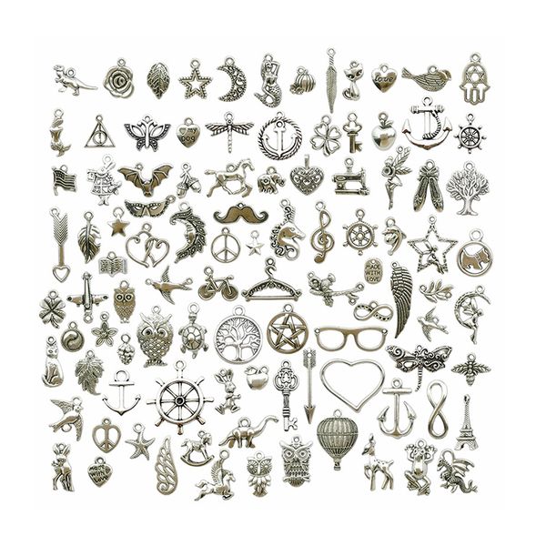 100 PCS Mixed Tibetan Silver Metal Charms Pendants DIY For Jewelry