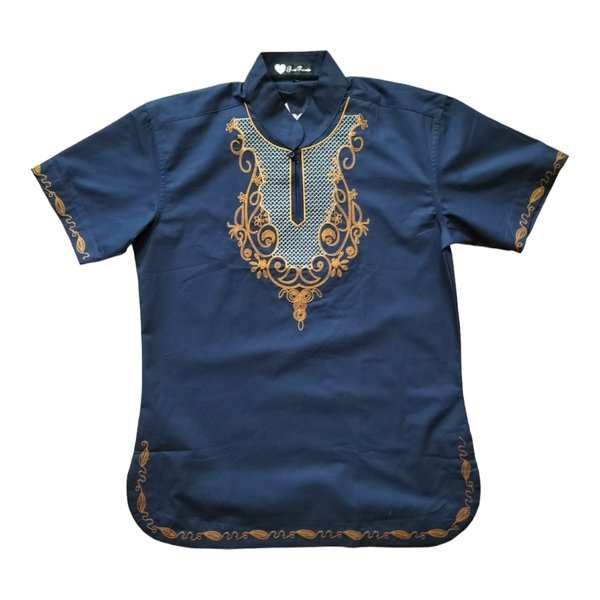 Navy Blue African Trendy Shirt- With Gold Embroidery