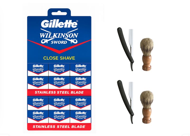 Gillette Blades Bulk Pack of 100 with 2 Shaving Brush and Razor Sets