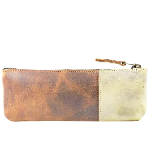 Genuine Leather Pencil Zipper Bag - Two Tone