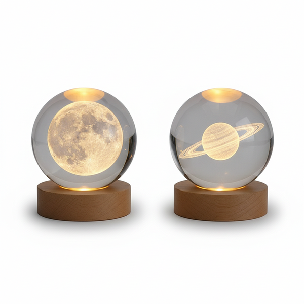 3D Laser Engraved Crystal Ball Set With Warm Wooden LED Bases