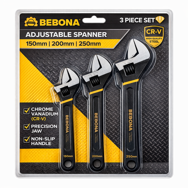 BEBONA DIY 3 Piece Adjustable Spanner Set (150mm - 200mm - 250mm) HD CRV