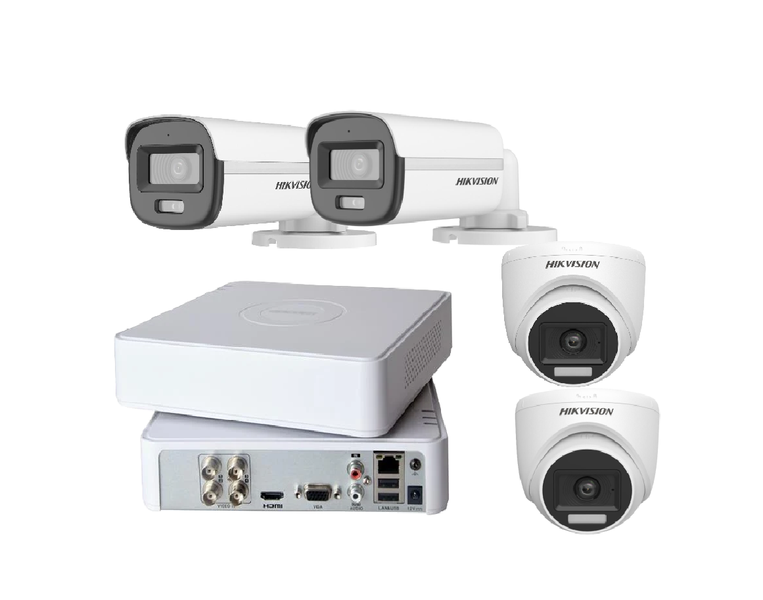 Hikvision 4CH DVR + 2 Bullet 2 Dome 24/7 Color Audio Cameras | SBR Bundle