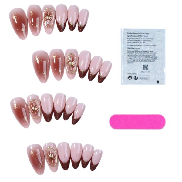 24 Piece Medium Almond 3D Gold Gel Detail Press-On Nails - Red/Gold