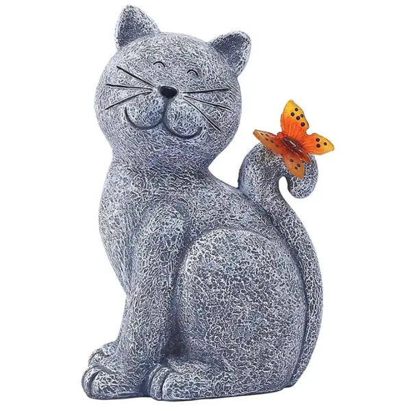Outdoor Cat Statue Solar Light Butterfly Home Decor Patio Balcony Gift