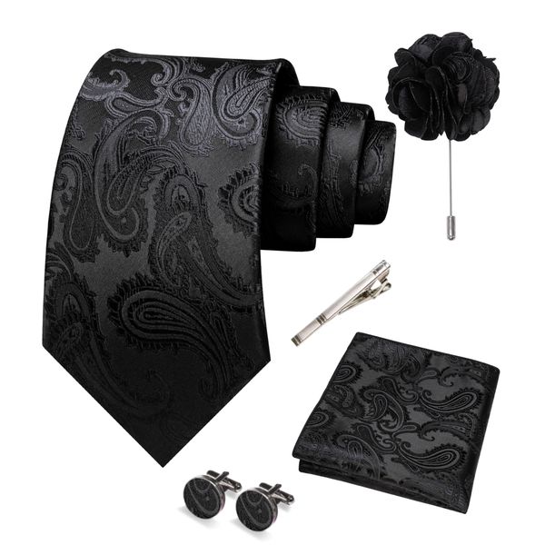 Men's Paisley Tie Set With Tie, Pocket Square, Brooch, Cufflinks, Tie Clip