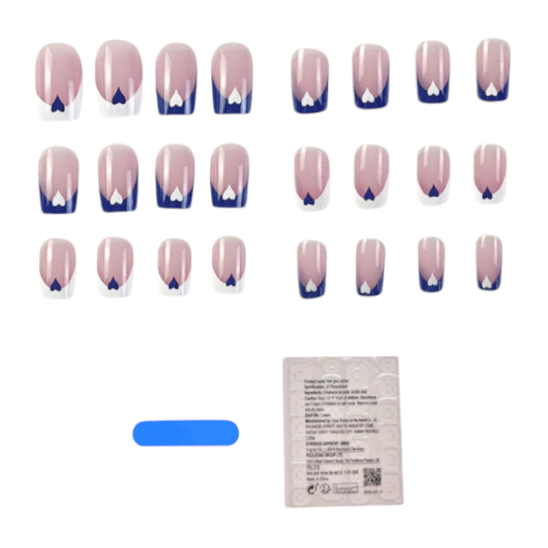 24 Pieces Short Square Press-On Nails With Cute Heart Accents - Blue/White