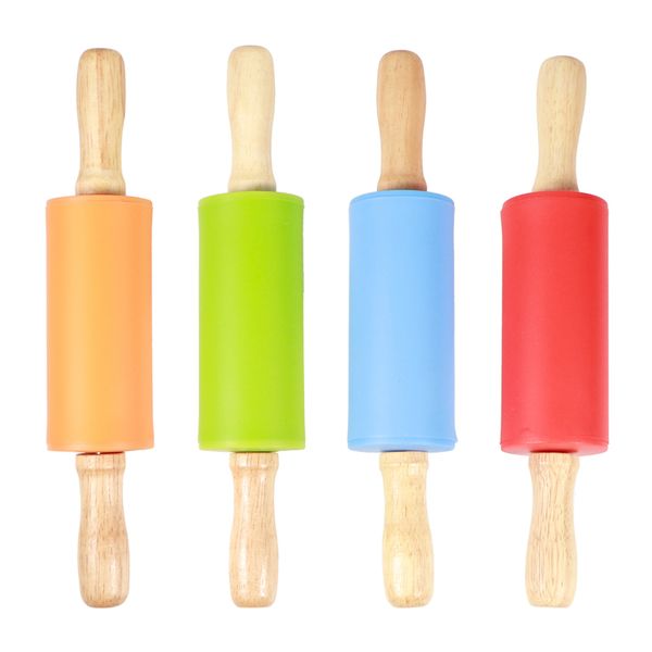 4Piece Mini Rolling Pin Wooden Handle Non-Stick Silicone Green Red Blue