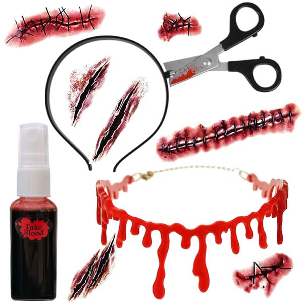 Halloween Fake Blood Necklace, Scissor Headband, Blood Spray &amp; Scar Tattoos