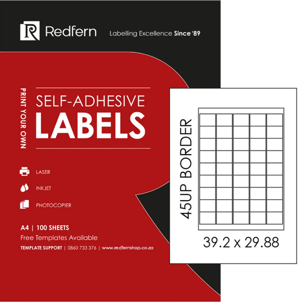 Redfern - A4 Self Adhesive Laser Jet 45UP (39.2mm x 29.8mm) Box Of 100