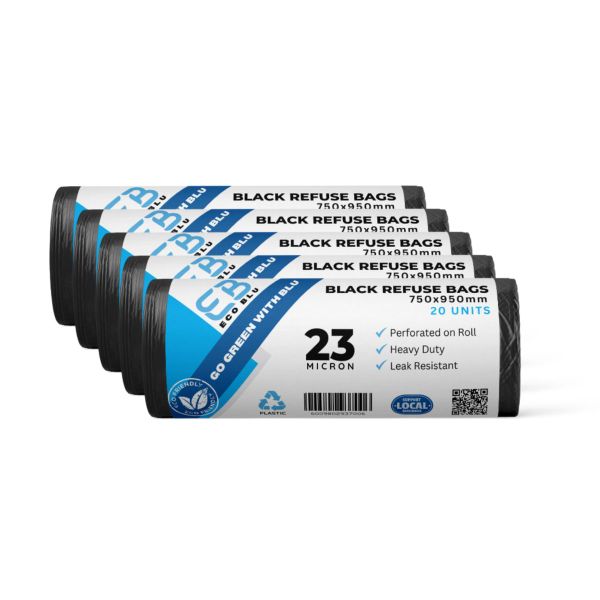 Eco Blu Black Plastic Refuse Garbage Bags - 5 Pack
