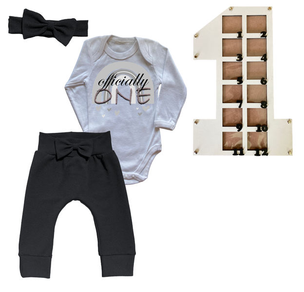 First Birthday Outfit-Long Sleeve &amp; Photo Frame-Rainbow Pink