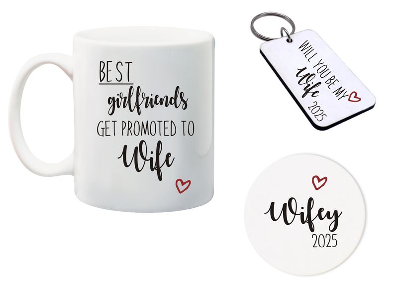 Best Girlfriends get promoted to Wife Mug, Glass Coaster&amp;keyring gift Combo