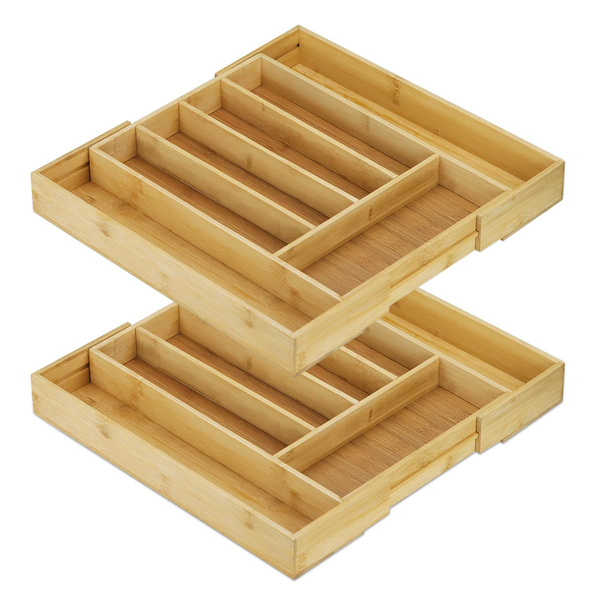 2 - Pack Expandable Cutlery Drawer Organiser Bamboo Tray