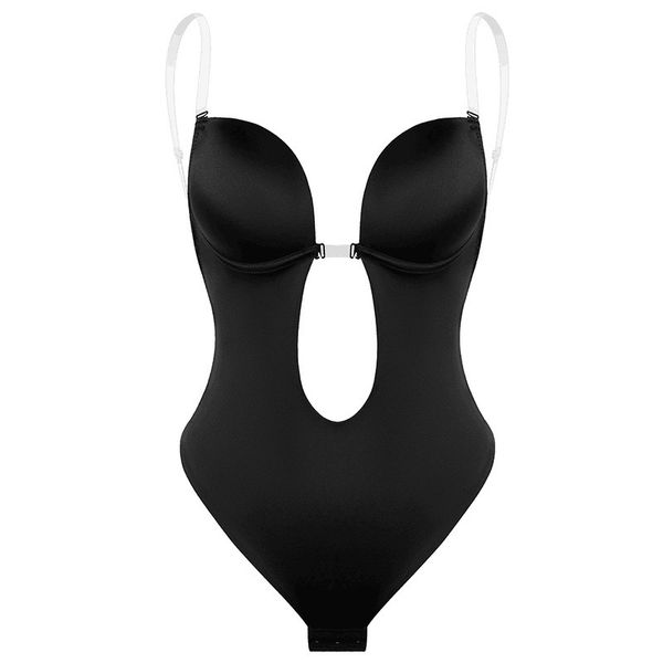 Bodysuit Shapewear Deep V-Neck Whole Body Shapers Backless Underwear-black