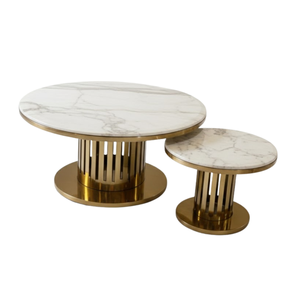 Elegant Round Marble &amp; Gold Accent Tables -2-Piece Contemporary Nesting Set