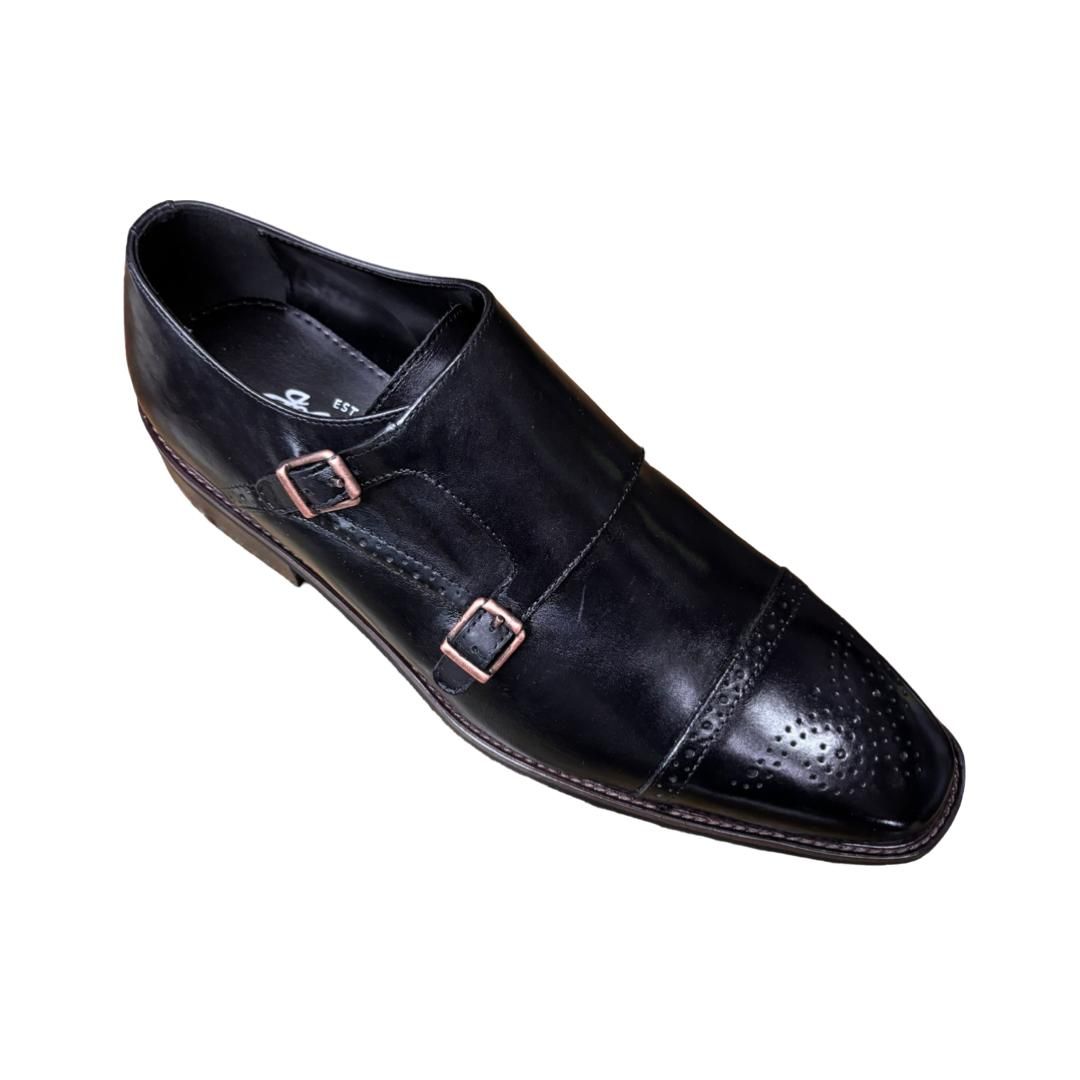 John Drake Handcrafted Black Leather Double Monk Strap Shoes